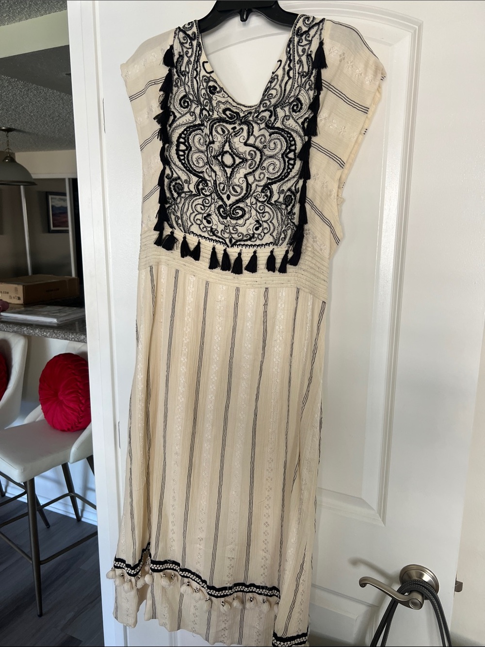 Maeve Cream Maxi Dress with Black Embroidered Bodice and Tassels